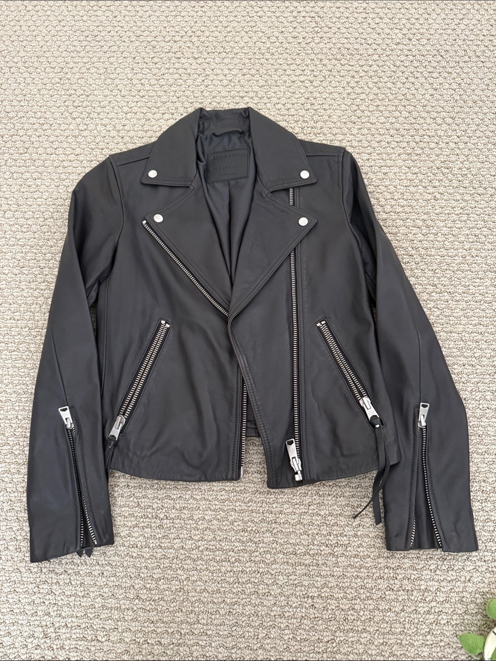 All Saints Black Leather Moto Jacket with Silver Hardware